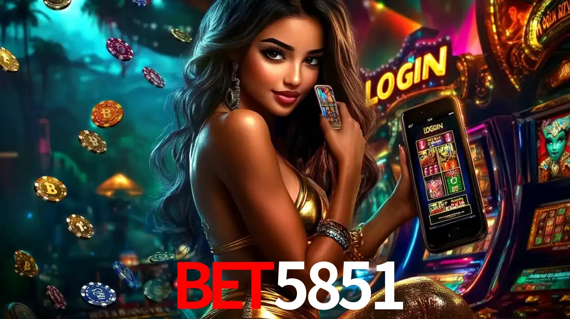 Mulher em um cenário de cassino temático de aventura, mostrando o app de caça-níqueis da bet5851 no celular. Fichas de apostas flutuam ao redor.
