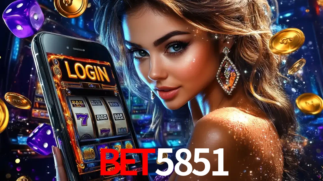 Mulher glamorosa segurando um smartphone com a tela de login para os jogos de caça-níqueis do cassino online bet5851, com moedas de ouro e dados ao redor.