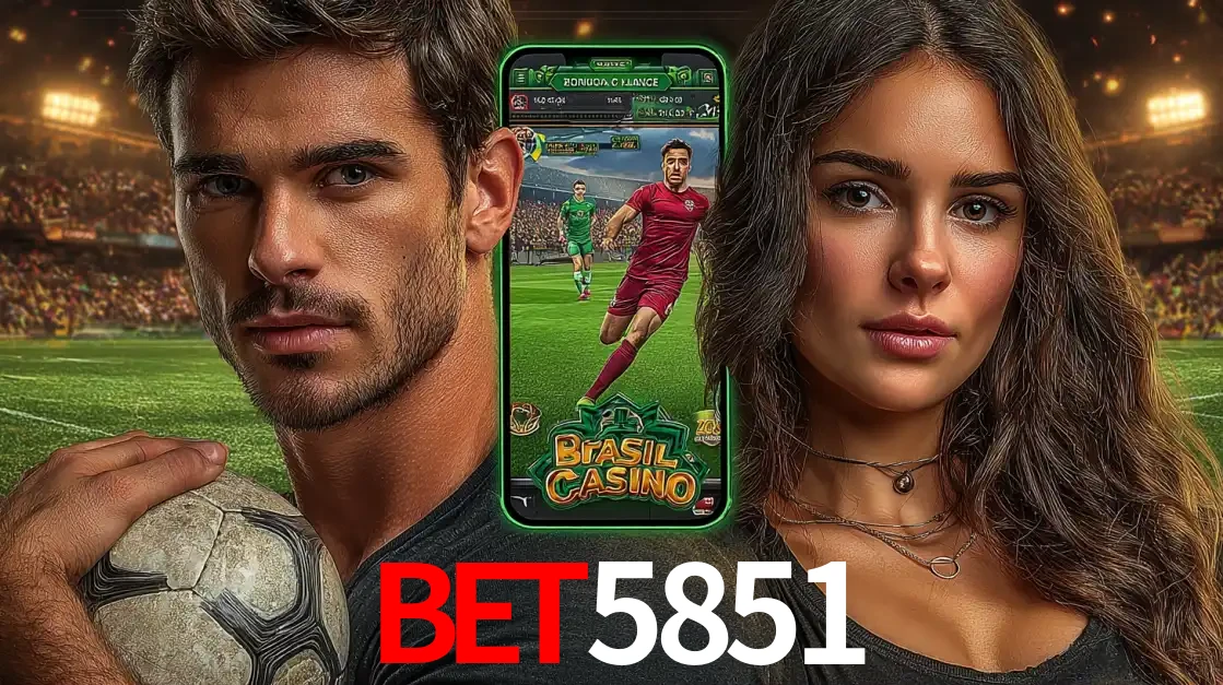 Homem segurando uma bola de futebol e uma mulher ao lado de um smartphone exibindo o jogo de apostas esportivas da bet5851. Faça seu palpite no cassino online.